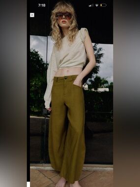 Mid-Waist Wide Leg Olive Trousers